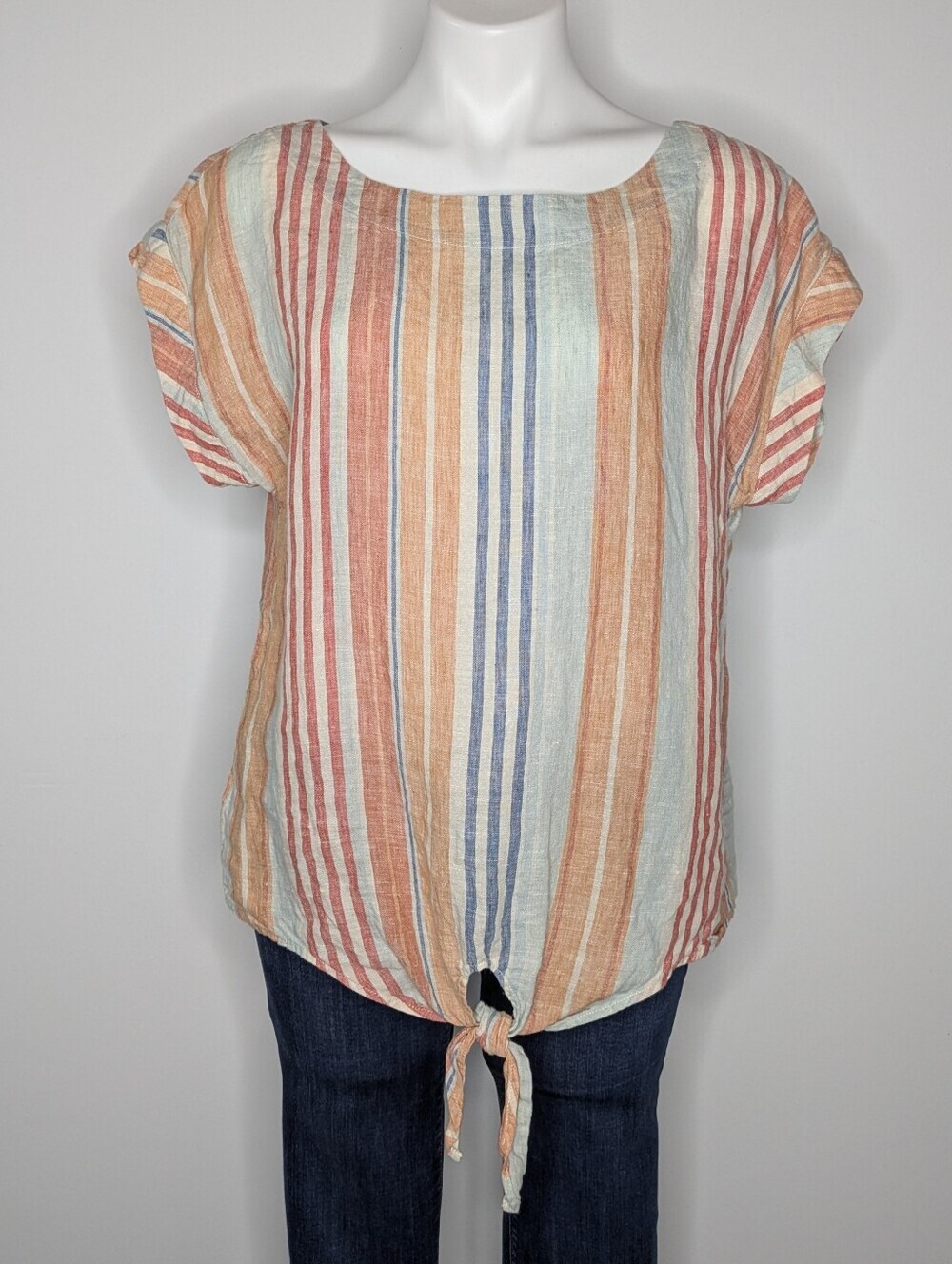 LL Bean Signature Orange Red Blue Stripes Short Sleeve Linen Top S
